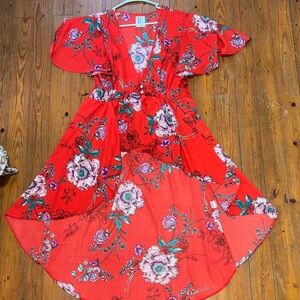 Red Floral V-Neck High-Low Kimono